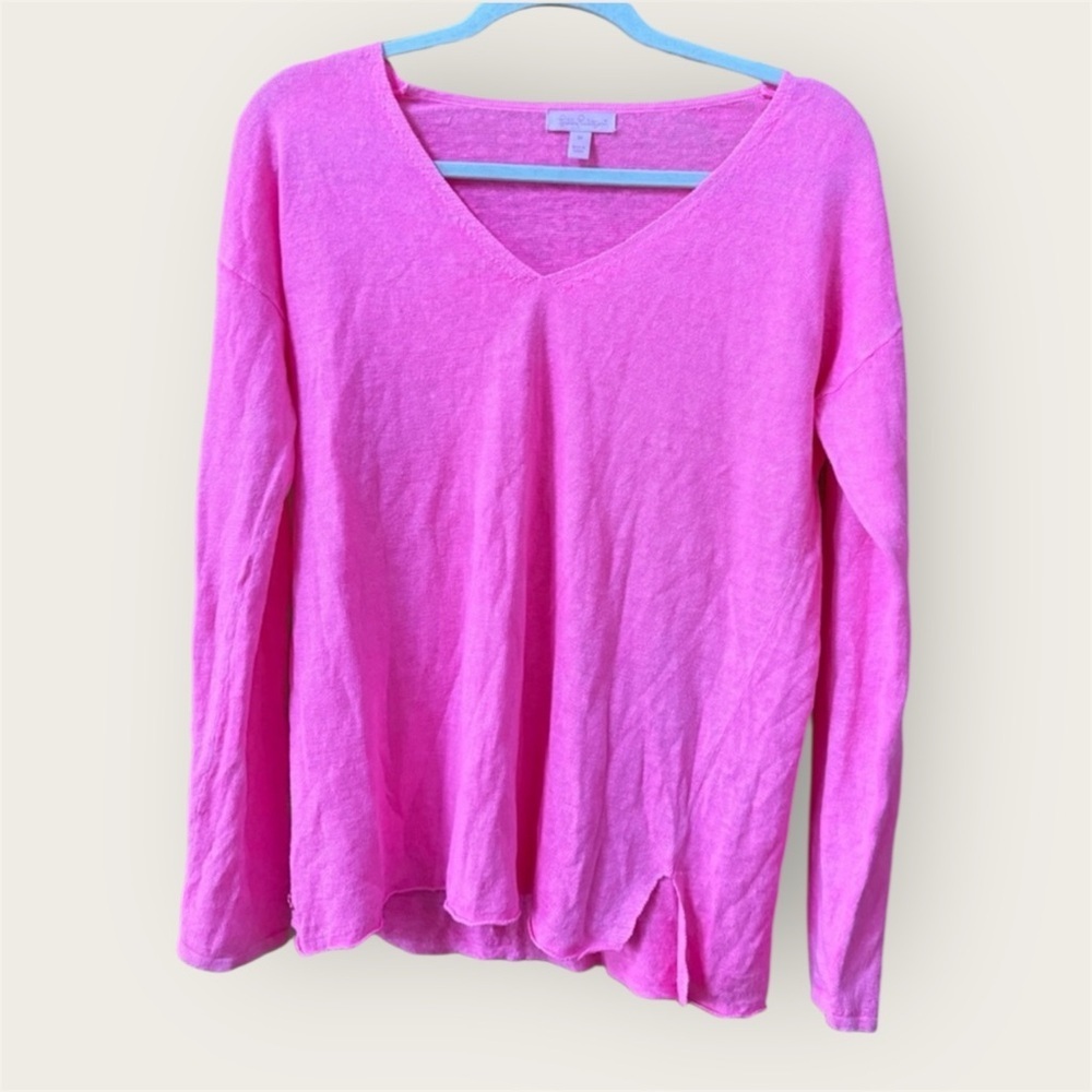 lilly pulitzer etta v neck hot pink long sleeve 100% linen top EUC